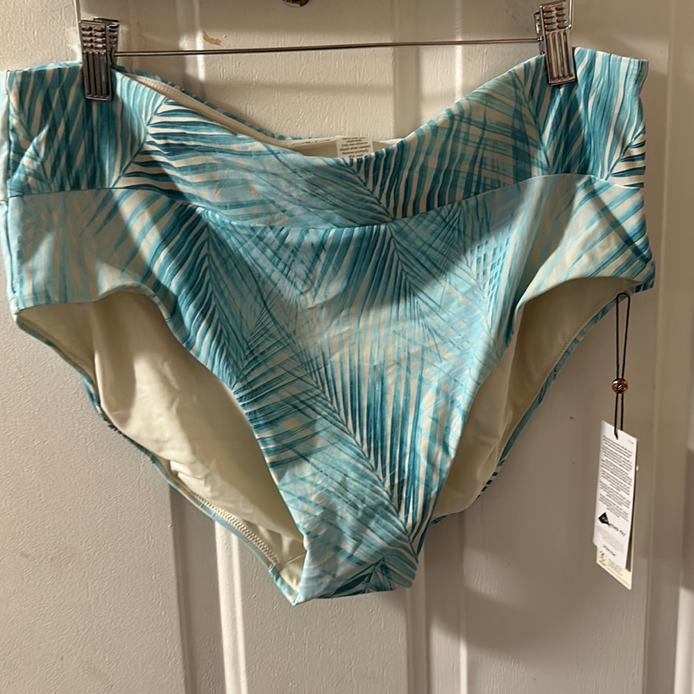 CALIA WOMEN’S WIDE BAND MID RISE BIKINI BOTTOM: SOFT PALMS BLUE: NWT: SZ 1X